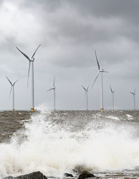 Wind turbines standing in the sea. Photo.