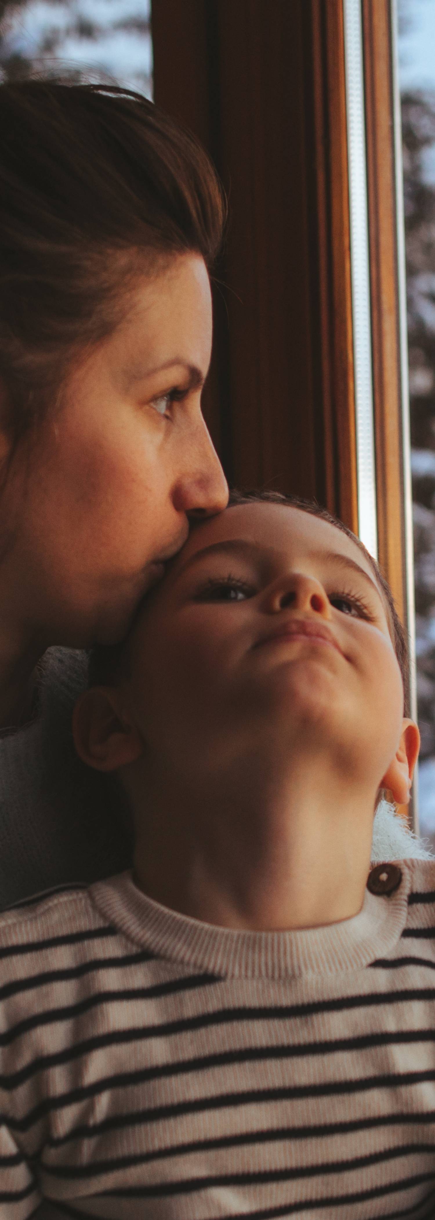 Mother and child at cabin.