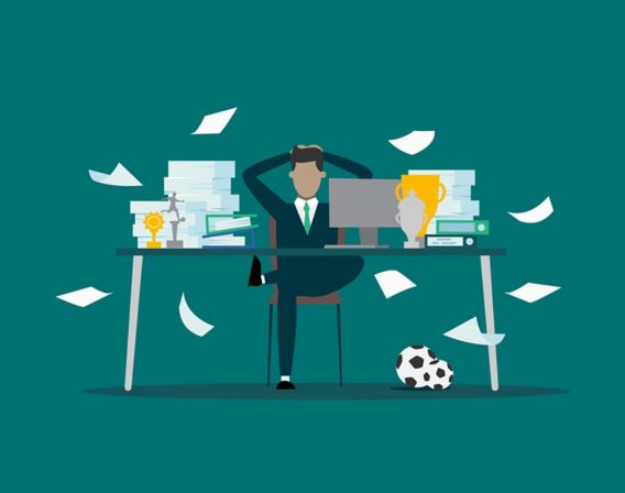 illustration of a man with accounting documents, footballs and trophies