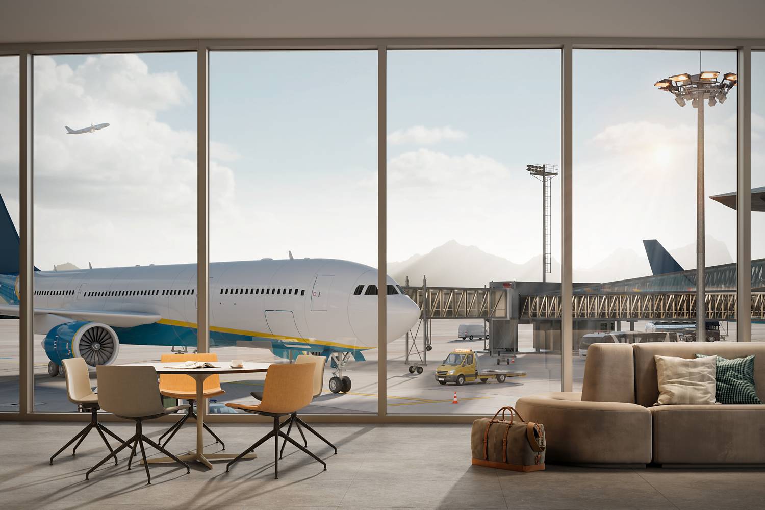 Aircraft at the terminal seen from the lounge