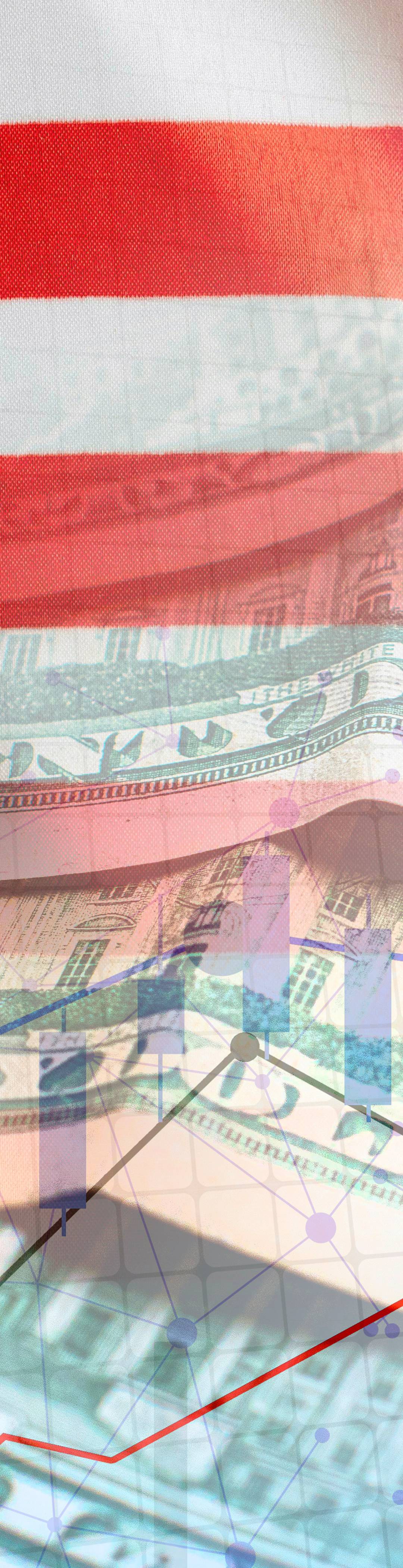 USA flagg og dollar med graf foran