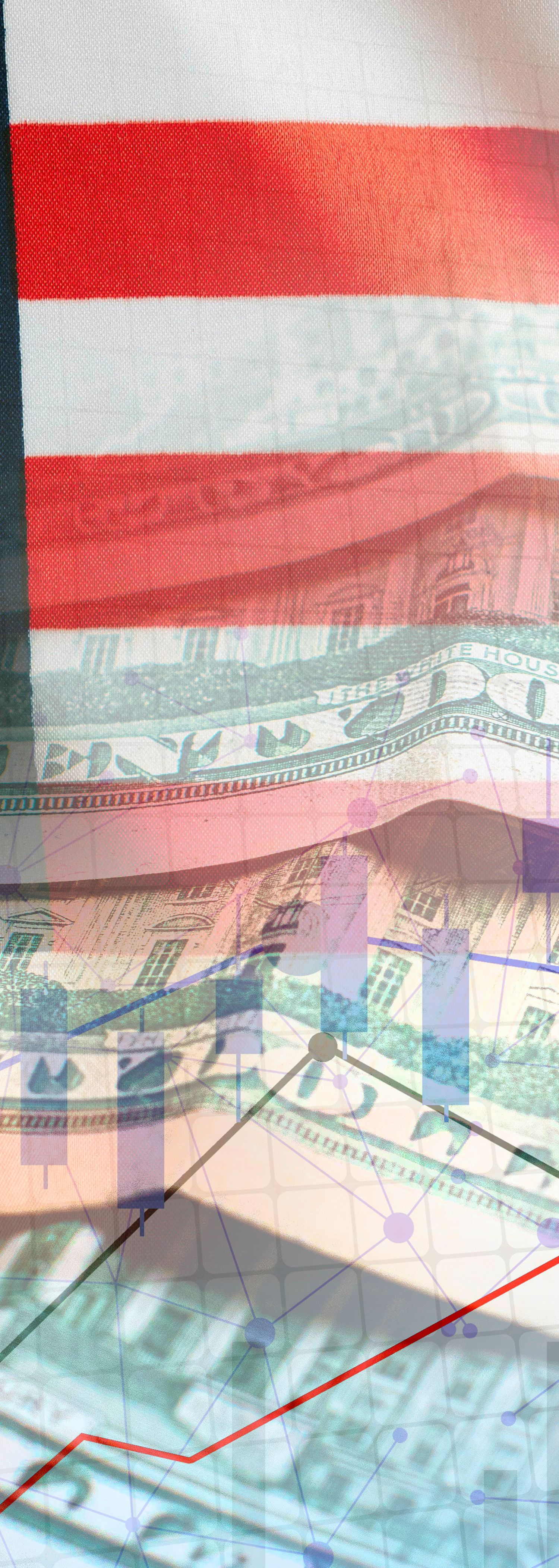 USA flag, cash dollar bills and economic indicators