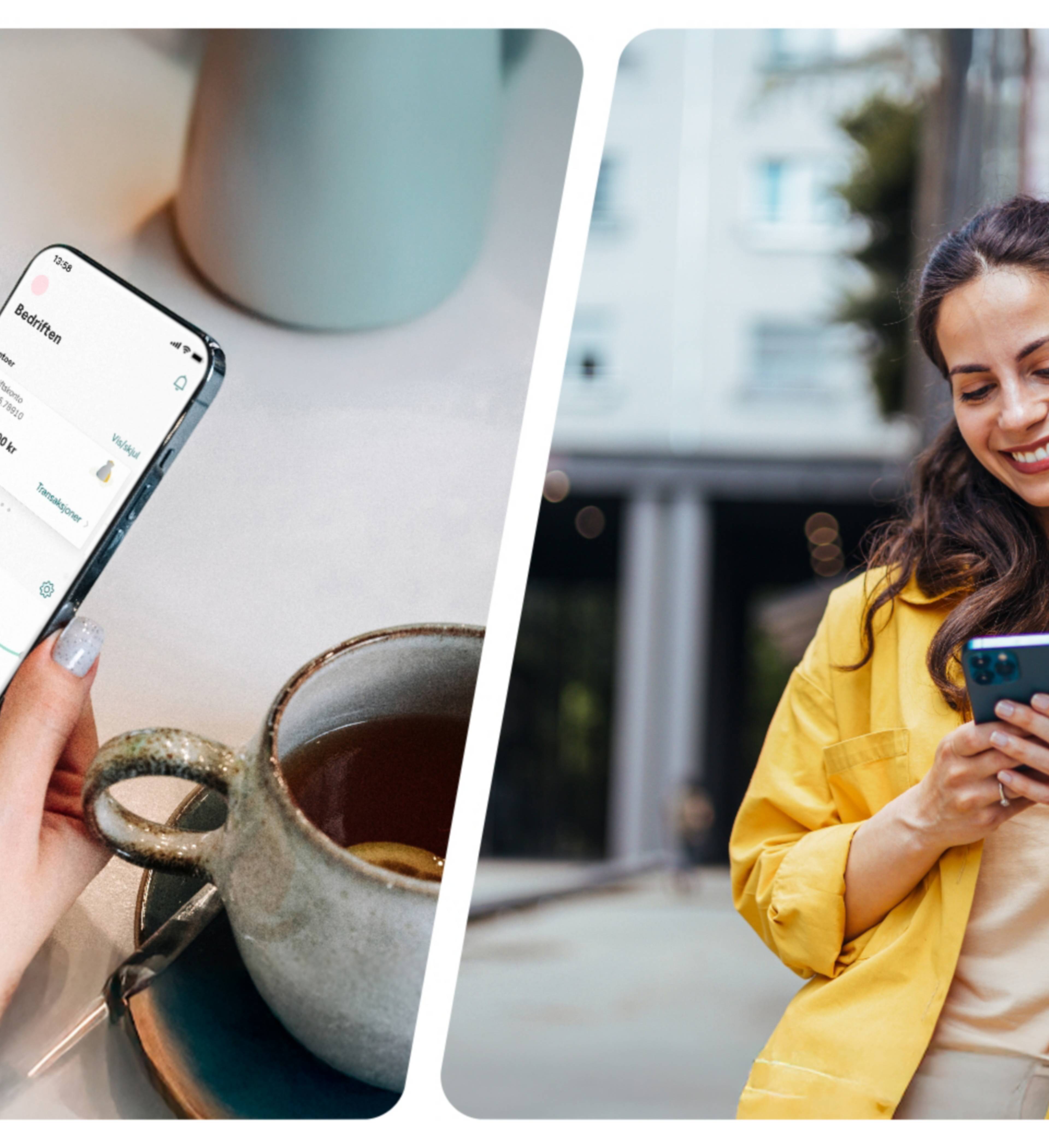 To bilder av noen som starter egen bedrift og holder en mobil i hånda