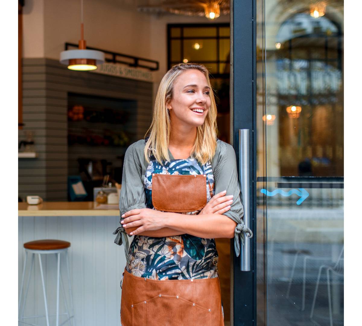 Woman in front of a café