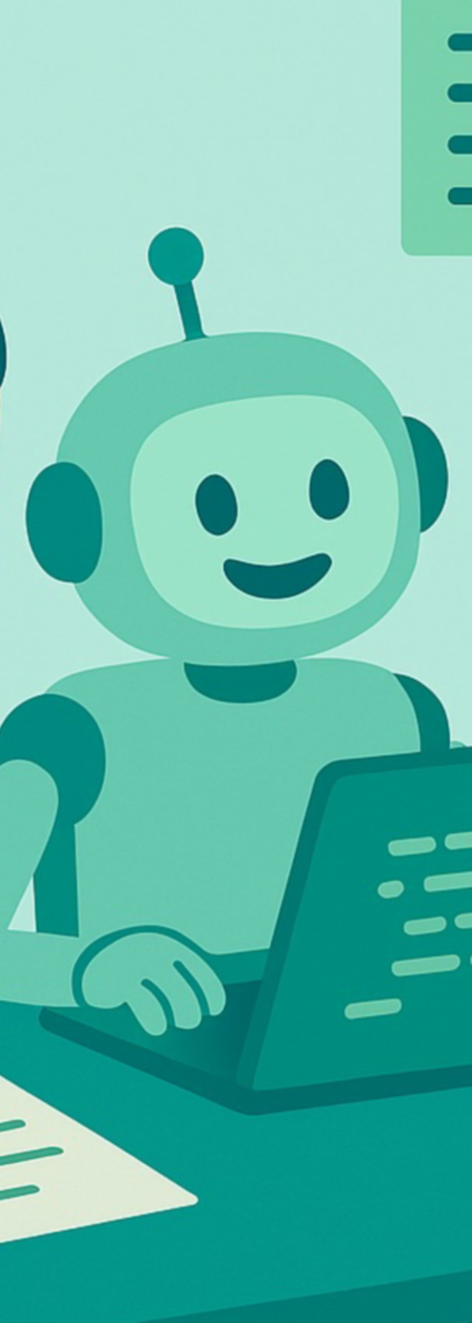 Robot and two people collaborating at a laptop with code and conversation elements.